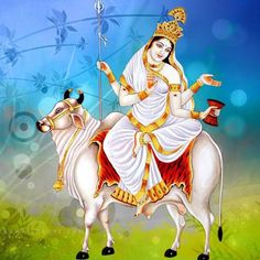 goddess gauri sitting on the back of a cow with an arrow in her hand