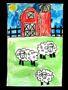 a child's drawing of sheep in front of a red barn and silo