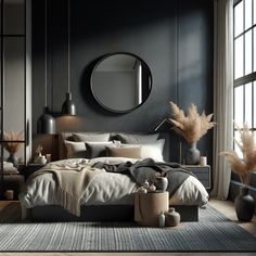 Snug and modern bedroom with a dark, Industrial aesthetic. King-sized platform bed with Padded headboard, neutral pillows, and a Woven throw blanket. Circular mirror on a dark grey wall, Bedside chest with ceramic pots, Contemporary black lamp. Floor-to-ceiling windows with white curtains, delicate plants in vases. Jute rug in Slate and navy tones. Dark Edgy Bedroom, Bedroom Dark Gray Headboard, Charcoal Bedroom Decor, Black Grey And Cream Bedroom, Black Wall Grey Headboard, White And Dark Grey Bedroom, Black Coastal Bedroom, Grey And Black Bedroom Aesthetic, Bedroom Dark Grey Bed