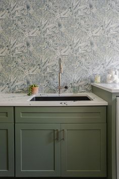 a kitchen sink sitting under a faucet next to a wall mounted dishwasher