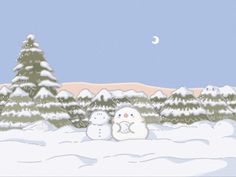 two snowmen are standing in the middle of a snowy landscape with trees and a half moon