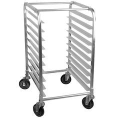 a metal rack with several trays on wheels