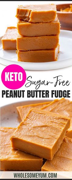 peanut butter fudge on a white plate with text overlay that reads keto sugar - free peanut butter fudge