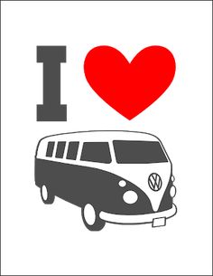 i love vw bus with heart and wording on white back ground, in black frame