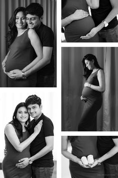 black and white photos of a pregnant couple posing for their baby photo shoot in the studio