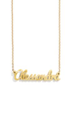 Create a retro-chic personalized necklace with an acrylic name pendant on a dainty goldtone chain. 16" length Acrylic/goldtone plate Imported Trendy Gold Custom Name Necklace, Trendy Custom Name Gold Necklace, Trendy Gold Name Necklace For Personalized Gift, Trendy Personalized Gold Name Necklace, Trendy Personalized Yellow Gold Name Necklace, Trendy Gold Necklaces For Personalized Gift, Personalized Yellow Gold Necklace For Party, Trendy Gold Name Necklace With Adjustable Chain, Gold Party Name Necklace