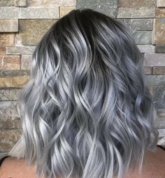 Balayage Grey Hair Silver, Black Roots Silver Hair Short, Dark Roots With Silver Hair, Blended Silver Hair Grey Highlights, Steel Gray Hair Color, Silver Hair Colour Ideas, Charcoal Silver Hair, Short Hair Silver Balayage, Grey Hair Color Silver Short