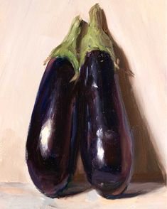 an oil painting of two eggplant's on a beige background, one with green tops