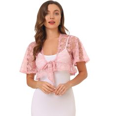 An elegant shrug with a flowy trim offers a charming look for day or night. It is designed with a cropped fit and a tie front design for a comfortable fit. This lace floral cardigan features a ruffle hem and cropped fit, perfectly covered up with sleeveless dresses for a wedding/evening look. Suitable for casual, work, date, wedding, evening parties, cocktails, night out, and daily wear. Modern and elegant, this cardigan style with softly lace fabric. A must-have item in your clothing wardrobe, Lace Cover Up For Dress, Lace Tops For Women Classy Pink, Shrug Top, Cardigan Shrug, Lace Shrug, Cropped Shrug, Shrug Cardigan, Flowy Shorts, Floral Cardigan