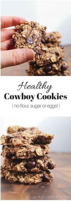 two pictures of cookies stacked on top of each other with the words healthy cowboy cookies