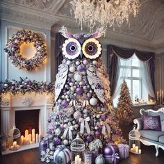 a decorated christmas tree with an owl on top