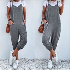 Boho Charcoal Casual Cami Capri Jumper Jumpsuit S M L Xl, Polyester Blend, Ships In 7-8 Days Gray Cotton Jumpsuits And Rompers For Loungewear, Casual Gray Jumpsuits And Rompers For Loungewear, Casual Gray Sleeveless Jumpsuits And Rompers, Casual Gray Cotton Jumpsuits And Rompers, Leisure Jumpsuits And Rompers With Pockets, Casual Fitted Gray Jumpsuits And Rompers, Casual V-neck Overalls With Pockets, Casual Loungewear Overalls, Bachelorette Cruise