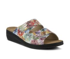 Choose your print with the Flexus Ballasa. With vibrant floral or paisley prints to choose from you'll find a slide for every occasion! Plus with dual adjustable straps, anatomic footbed and soft leather lining, these sandals will keep you comfy long after the day is done. High quality leather upper, Printed design, European inspired, Dual adjustable velcro straps at vamp, Tonal stitching, Soft leather lining, Anatomic padded leather footbed,1 1/2 inch wedge heel, PU traction outsole with flexib Womens Slides Sandals, Women Slides, Spring Step Shoes, Free Shoes, Shoe Insoles, Womens Slides, Bright Designs, Shoe Size Chart, High Quality Leather