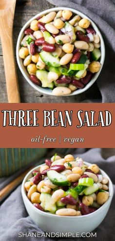 three bean salad with avocado, cucumber and beans in a white bowl