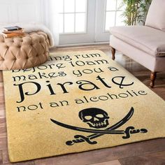 a pirate rug with a skull and crossbones on it in a living room