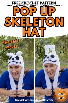 a woman wearing a knitted hat with the words pop up skeleton hat