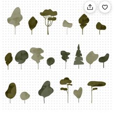 an image of various trees in different shapes and sizes on a white background with dots