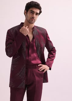 Maroon Linen Satin Hand Embellished Jodhpuri Set Maroon Jacket Outfit Men, Embellished Sherwani For Eid Party, Bollywood Embellished Sherwani For Party, Embellished Bollywood Bandhgala With Long Sleeves, Bollywood Style Embellished Long Sleeve Bandhgala, Embellished Bollywood Bandhgala, Party Sherwani Embellished For Eid, Party Eid Sherwani Embellished, Elegant Nehru Jacket With Mirror Work For Festivals