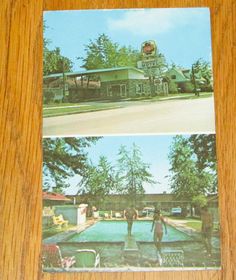 two pictures of people standing in front of a building and pool with trees around it