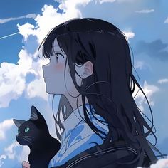 a girl holding a black cat in her arms and looking up into the sky with clouds behind her