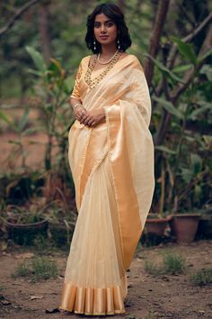 Gold Color Saree, Lace Weaving, Plain Saree, Half Sleeve Blouse, Organza Saree, Organza Fabric, Indian Attire, Chiffon Saree, Traditional Sarees