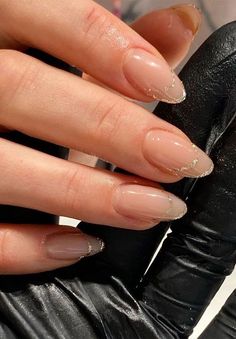 Champagne Oval Nails, Trendy Nail Designs Almond Shape, Elegant Minimal Nails, New Years French Tip Nails Sparkle, Elegant Clear Nails, Earthy Tone Nail Designs, Engagement Ring Nails Manicures, Creative French Tip Nails Almond, Natural Nail Acrylic Classy