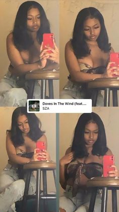 four pictures of a woman sitting at a table with her cell phone in front of her