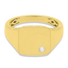 This men’s signet ring possesses worldly sophistication in 10K yellow gold. With a wide tapered band, a square face features a single round brilliant cut diamond accent. The time-honored design is a modern must-have for defining set-apart style. Men's Luxury Signet Ring With Vs Clarity, Modern Formal Signet Ring With Single Diamond, Modern Gold Signet Ring With Tension Setting, Classic 14k Gold Signet Ring With Diamond, Modern Gold Signet Ring With Single Diamond, Classic Rectangular Signet Ring With Diamond Accents, Gold Signet Ring With Tension Setting For Formal Occasions, Modern Gold Signet Ring With Brilliant Cut, Classic Yellow Gold Signet Ring With Single Diamond