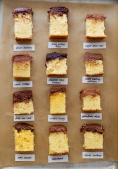 several different types of cake on a baking sheet