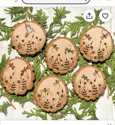 four handmade cookies with dragon designs on them sitting next to green leaves and pine branches