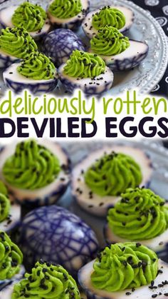 deviled eggs decorated with green frosting and sprinkles on a plate