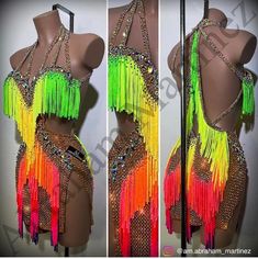 two pictures of a woman's belly dance costume with multicolored fringes