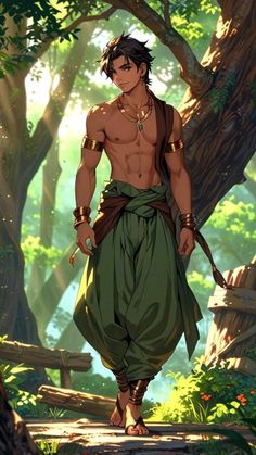 a man with no shirt on walking in the woods