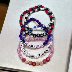 Beaded bracelets based on songs by Jungkook of BTS. Each bracelet features a song title from the album. Mix and Match to create your perfect combination. Please keep in mind that colors may appear different due to individual screen settings. Multicolor Round Beads Kpop Jewelry, Kpop Style Friendship Bracelets With Round Beads, Customizable Kpop Style Beaded Bracelets As Gift, Personalized Multicolor Beaded Bracelets Kpop Style, Kpop Style Beaded Bracelets As Gift, Customized Multicolor Kpop Bracelets, Personalized Multicolor Beaded Bracelets In Kpop Style, Personalized Kpop Beaded Bracelets, Kpop Style Letter Beads Jewelry