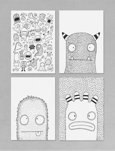 four different pictures with faces and animals on them, one is drawn in black and white