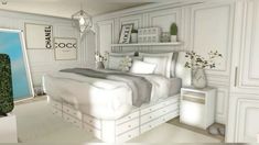 a bedroom with white walls and flooring has a bed, nightstands, and shelves