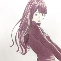 a drawing of a woman with long hair and purple clothes, standing in front of a white wall