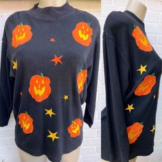 Fall pumpkin sweater. brand: Chaus petite Size: small Measurements:  Bust: 23" Waist: 23" Length: 27" Vintage Halloween Long Sleeve Sweatshirt, Vintage Long Sleeve Halloween Sweatshirt, Winter Costume Long Sleeve Tops, Costume Long Sleeve Winter Tops, Fitted Fall Sweatshirt, Vintage Fall Costume Top, Long Sleeve Costume Tops For Fall, Retro Long Sleeve Halloween Tops, Vintage Orange Sweater For Fall