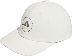 a white baseball cap with the words, adidas in black and white on it