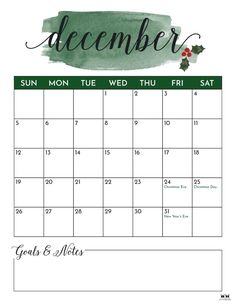 a december calendar with the holidays written in green and red ink on it, next to a