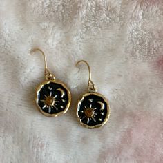 Moon And Sun Pierced Fashion Earrings With Gold Toned Metal Alloy Accents And French Wires. Pretty Gold Crystal And Metalic Accents On Black Enamel. Unbranded. Measures 1” X .50” Lightweight Fashion Accessory. Nwt Yellow Goth, Goth Earrings, Moon And Sun, French Wire, Gold Crystal, Black Enamel, Gold Tone Metal, Fashion Earrings, 50 %