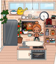 a cartoon girl is cooking in the kitchen