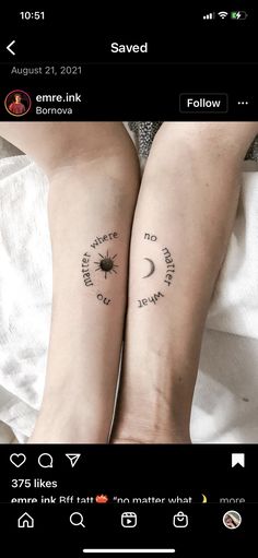 two people with matching tattoos on their arms, one has a sun and the other has a moon