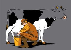 a man kneeling down next to a cow with a bucket on it's back