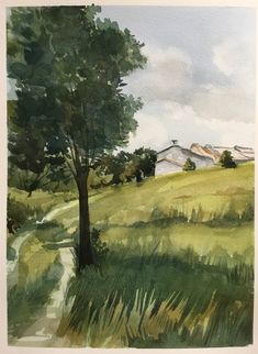 a watercolor painting of a tree in a grassy field