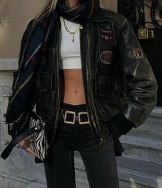 Chunky Leather Jacket, Female Rockstar Aesthetic Outfits, Motor Jacket Outfit, Rockstar Style Women Outfit, Leather Aesthetic Outfit, Biker Jacket Aesthetic, Rockstar Outfit For Women, European Streetwear, Rockstar Jacket