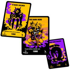 three playing cards with an image of a demon on one side and the other two