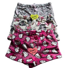 Brand New Nwot Set Of Three Size Medium Available Pockets On Both Sides Drawstring Waist Fleece Fuzzy Pj Lounge Shorts Bundle To $Ave With My Other Shorts Listed Below Lounge Wear Shorts, Hello Kitty Baby, Hot Mommy, Hello Kitty Sanrio, Pastel Pink Aesthetic, Pj Pants, Fleece Shorts, Lounge Shorts