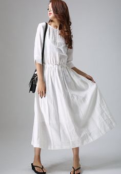 long white dress - Casual dress in white for women custom made long dress with pleated detail (803) White Dress Modest, White Linen Maxi Dress, Best Dress Shoes, Long White Maxi Dress, Dress Modest, Casual White Dress, Long White Dress, Loose Fitting Dresses, Linen Maxi Dress