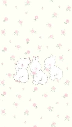 three white rabbits sitting next to each other in front of flowers on a pink background